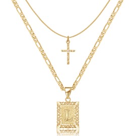 KELORIS PATH Gold Layered Initial Cross Necklace, 14K Gold Plated Layering Square Letter Pendant Figaro Chain Cross Choker from A-Z Capital Jewelry for Women(Letter L)