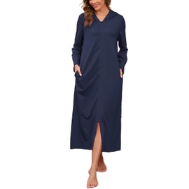 HALCYEEN Loose Robes for Women with Zipper Front Bathrobe Full Length Duster Coats XXL Navy Blue
