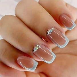 24Pcs Light Blue French Press on Nails Square Short Fake Nails Spring Nail Art Tips Full Cover Cute Rhinestones Acrylic Nails Glossy Designs Nude False Nails for Women and Girls Nail Decoration