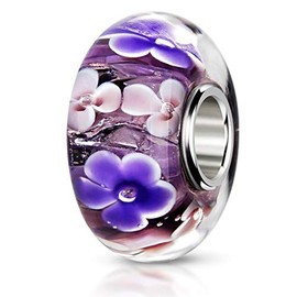 MATERIA by Matthias Wagner Glass Bead Purple Flowers Charm for Bracelet with Glitter Foil 1486, Glass