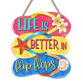 Bolisom Summer Life is Better in Flip Flops Beach Front Door Sign, Spring Coastal Wood Door Hanger Outdoor Outside Porch Decor, Starfish Conch Flower Wooden Wreath Indoor Wall Hanging Decoration
