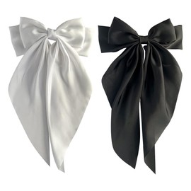 2 Pcs Large Satin Hair Bows Oversized Long Tail Hair Bow Clips Silky Bowknot Hair Barrettes 2 Layered Ribbon Hair Bows Cute Bow Knot Hair Pin Accessories for Women Girls White Black