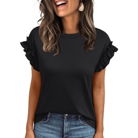 AUTOMET Womens Summer Trendy Tops Business Casual Short Sleeve Tshirts 2026 Cute Dressy Ruffle Crewneck Fashion Work Outfits Black M