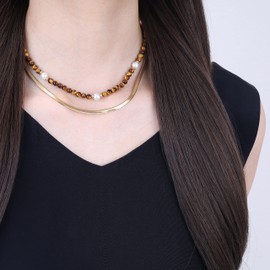 COAI Herringbone Shell Pearl Brown Tiger Eye Stone Beaded Choker Necklaces for Women