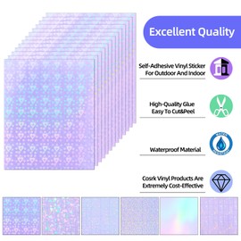 36 Sheets Holographic Sticker Paper, Clear Vinyl Lamination Sticker Film Self Adhesive, Transparent Overlay Laminate Sticker Paper Waterproof-Gem/Dots/Sand Star/Rainbow/Star/Heart, 8.5x11 Inch