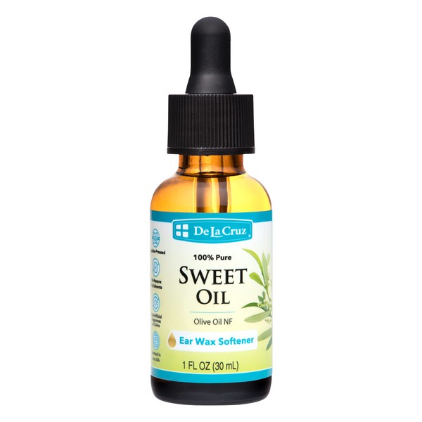 De La Cruz 100% Pure Sweet Oil for Ears with Glass Dropper - All Natural and Gentle Ear Wax Removal - 1 Fl OZ