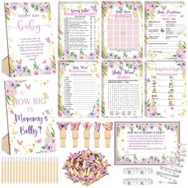 Funnymoom 426 Pcs Butterfly Baby Shower Games Set-8 Games, Includes Baby Shower Bingo, Price is Right, Guess Who, Word Scramble, Prediction and Advice, How Big is Mommy's Belly, Don't Say The Words