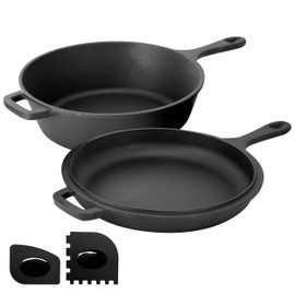 Megachef 10.5 Inch 2-in-1 Pre-Seasoned Cast Iron Skillet and Fry Pan Set