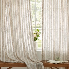 Privacy Sheer Curtains for Living Room 84 Inches Length,Taupe Bedroom Light Filtering Semi Sheer Window Curtain Drapes,2 Panels Set Back Tab Rod Pocket Striped Tulle Curtains