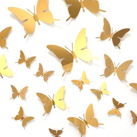 24pcs Metal Gold Butterfly Decorations,3D Butterfly Wall Decor,Flying Butterflies Wall Stickers Party Decorations with Hot Melt Adhesive for Bedroom,Ceiling,Living Room,Window,2.36",3.94",5.9"