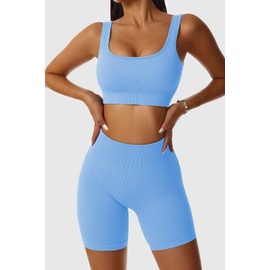 QINSEN - Conjunto de 3 camisetas sin mangas para mujer, sin costuras, cintura alta, pantalones cortos, Azul, L