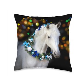 White Horse Christmas Wreath Holiday Light Winter Throw Pillow, 16x16, Multicolor