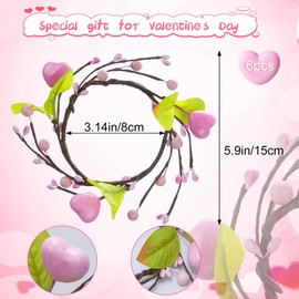 VirtuGro 6 Pieces Valentine Candle Rings Mini Valentine's Day Heart Wreath with Berry Pink Heart Candle Rings Wreaths for Valentine's Day Wedding Party Front Door Wall Window Decor(Pink)