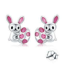 Bunny Earrings for Women S925 Sterling Silver Cute Rabbit Hug Easter Egg Earrings with Pink Ear Animal Jewelry Birthday Gift for Daughter Girlfriend Wife for Grand Easter Day, Sterling Silver, No Gemstone