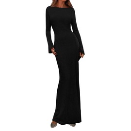 PRETTYGARDEN Women's Fall Fashion 2025 Long Sleeve Maxi Dress Ribbed Knit Boat Neck Bodycon Casual Dresses Going Out Outfits (Black,XX-Large)