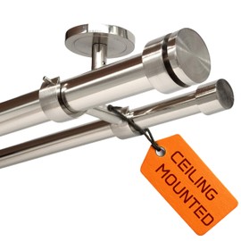 Ceiling Mounted Double Curtain Rod, Heavy Duty Brushed Nickel Double Curtain Rod, Drapery Holder with Three Ceiling Mount Brackets and Installation Hardware Included (Brushed Nickel, 48-84")
