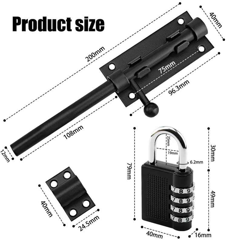 Aoreun Door Bolt Bolt with Combination Lock, Padlock, Stainless Steel