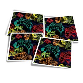 Vinyl Square Stickers (Set of 4) 10cm - Game Time Gamer Gaming Mens Boys for Laptops, Tablets, Luggage, Scrap Booking, Fridges #170579