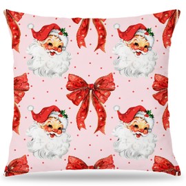 LUKIPOM Coquette Christmas Red Bow Santa Pillow Covers 18x18, Santa Claus Decor, Pink Christmas Pillow Covers, Pink Christmas Decorations, Vintage Santa Decor, Christmas Living Room Bedroom Decor