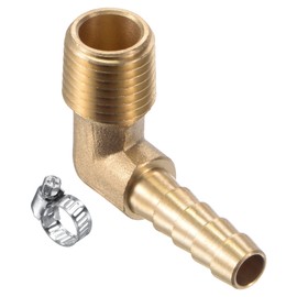 M METERXITY Brass Hose Barb Fittings - 90 Degree Elbow 1/4 Inch Brass Pipe Connector with Hose Clamp Apply to Water Gas(1/4 NPT Male Thread)