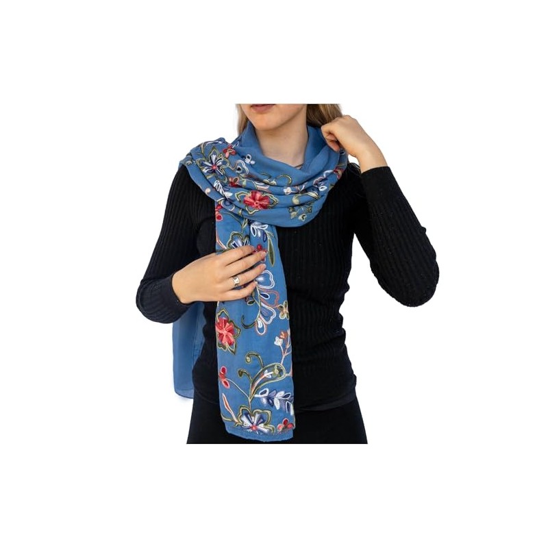 NELUHA Scarves Lightweight Cotton Embroidered Floral Pattern Women Blue, blue