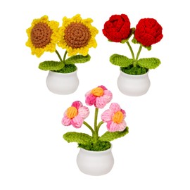 Wishwell Pop 3pcs Crochet Flowers, Red Rose Sunflower Daisy Knitted Flowers Pots for Office Car Dashboard, Cute Desk Décor, Mothers Day Valentines Day Birthday Gifts