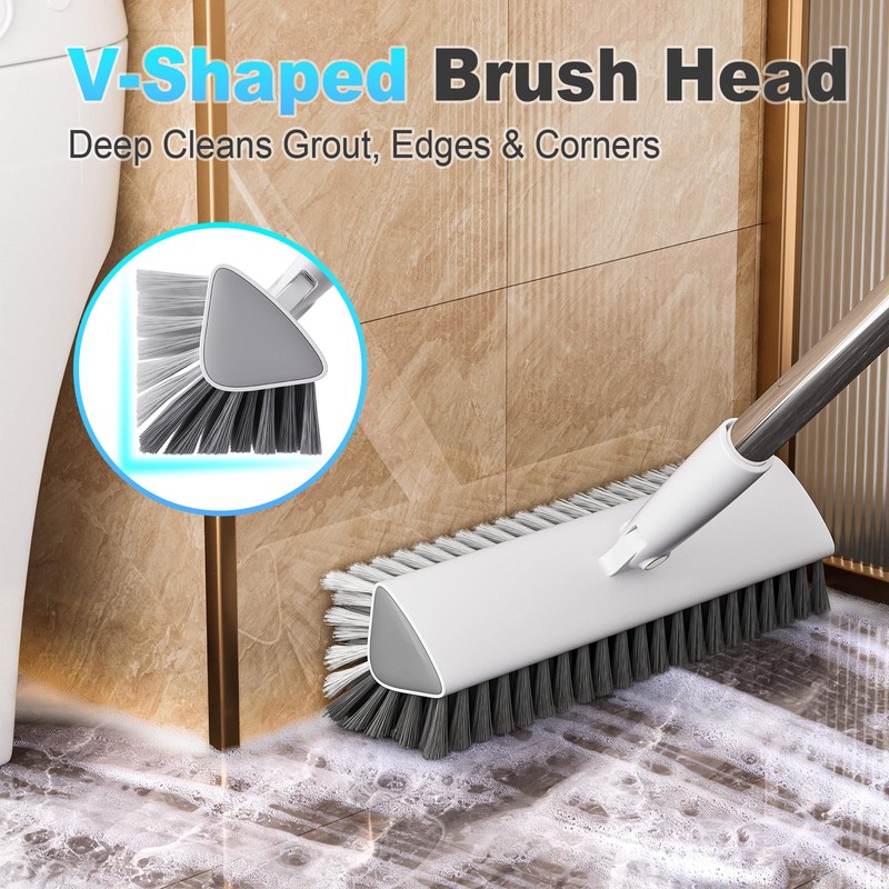Floor Scrub Brush with Long Handle, Heavy-Duty Stiff Bristles, V-Shape
