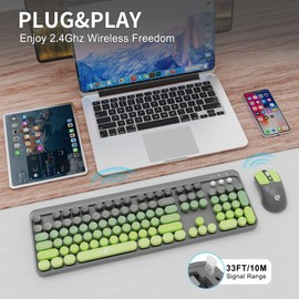 FD Wireless Keyboard and Mouse Combo | Cute Colorful Keyboard and Mouse with 2.4GHz Cordless Retro Typewriter Keyboard | Auto-Sleep | USB Receiver for Windows PC/Laptop - Grey Green Gradient
