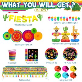 DMIGHT 101PCS Fiesta Party Supplies Set – Plates, Napkins, Fiesta Paper Fans, Banner, Tablecloth, Honeycomb Centerpieces – Perfect for Cinco de Mayo, Mexican Fiesta, and Fiesta Party Decorations