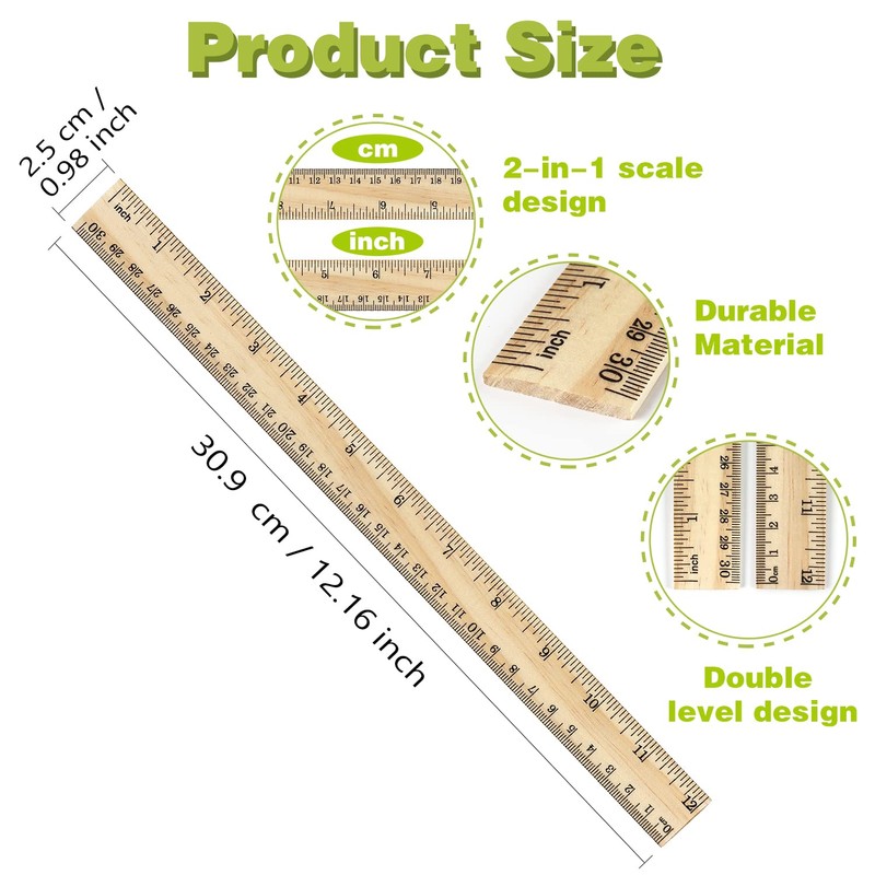 ZZTX 3 Pack Wooden Ruler 12 Inch Rulers Bulk Wood