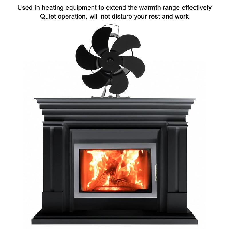 Black 6 Blade Heat Powered Stove Fan Thermodynamically Driven Fireplace