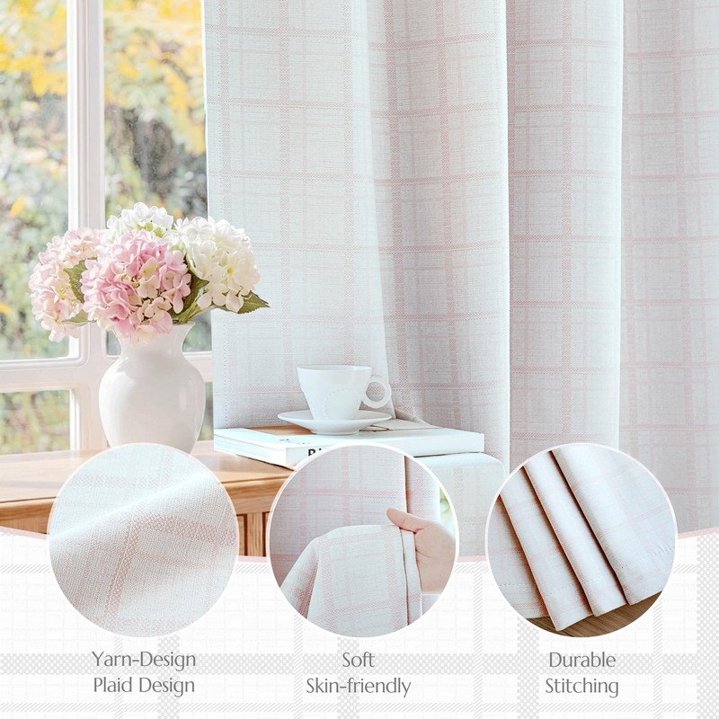 Pink Plaid Jacquard Blackout Curtains for Bedroom 52x72 2 Panels