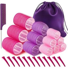 Roller Set 32 count,  Velcro  Rollers for Long Medium Short  - No Heat, - friendly, Includes 18 Self Grip Rollers(2.3,1.9,1.4inch), 12 Clips, 1 Rat Tail Comb & 1 Storage Bag
