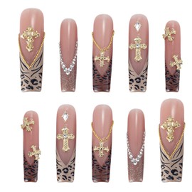 YINOX Hand-applied Nail Art | Leopard Print and Cross Designs | Luxurious 3D Embossed Designs | Salon-Quality Reusable Gel Nails | Square-Shaped Nails, 1.7 Inches Long (Long)