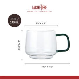La Cafetière, Set di 2 tazze in vetro borosilicato resistente al calore con manico in vetro verde, eleganti, per tè, caffè, cioccolata calda, impilabili, lavabili in lavastoviglie, 275 ml