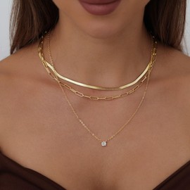 ASCOMY Layered Necklaces for Women Dainty Gold Necklace 14K Gold Plated Herringbone Chain Paperclip Chain Square CZ Pendant Necklace Gold Layered Necklaces Set Simple Necklaces for Women Girls