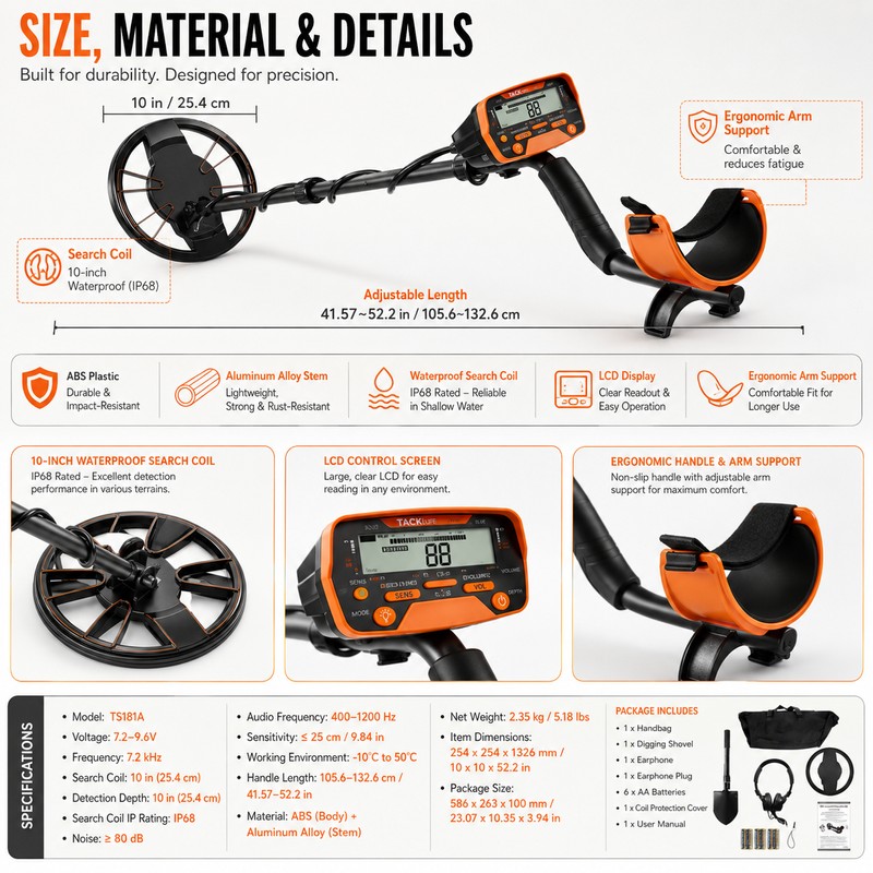 Metal Detector for Outdoor Treasure Hunting – 10-Inch Waterproof Coil