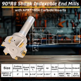 Duraaamo R8 Shank Indexable End Mill 3'' Diameter by 6-1/4'' Oal 90 Degree High Speed Milling Cutter with 6 Aptk1604 Carbide Inserts Industrial Tools