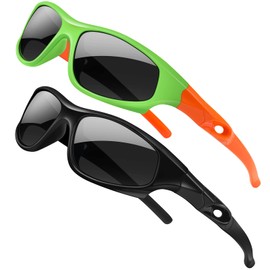 AHXLL 2Pack Flexible Kids Polarized Sunglasses For Boys Girls With Strap, Sport Sunglasses for Children Age 3-10 (Black+ Green Orange)