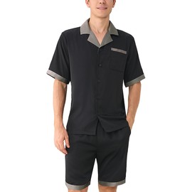 DAVID ARCHY Mens Summer Pajamas Set Satin Silk Feeling Sleepwear Short Sleeve Loungewear 2 Piece with Pockets (M, Black)