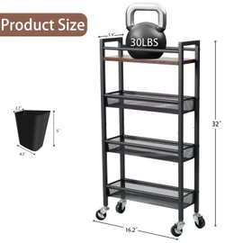 Jsluiiys 4 Tier Slim Storage Cart, Narrow Shelving Unit for Small Space Slide Out Narrow Rolling Cart with Wooden Top Metal Handle and Wire Mesh for Narrow Space on Kitchen Bathroom Laundry Room