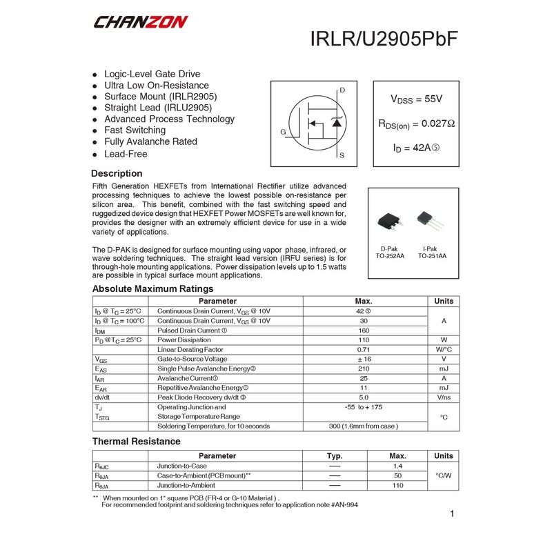Chanzon IRLR2905TRPBF TO-252 Power Sic MOSFET 42A Transistor SMD Pack