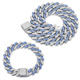 OWNCOOL 2 PCS Cuban Link Chain Cuban Diamond Chain Necklace Bracelet Bling Iced Out Hip Hop Jewelry for Men Women Blue 8 20inch