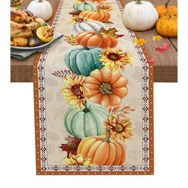 Thanksgiving Fall Pumpkin Table Runners Maple Leaf Orange Lattice 13x90 Inches Long Washable Table Runner for Round Table Kitchen Coffee Dining End Table Living Room Use