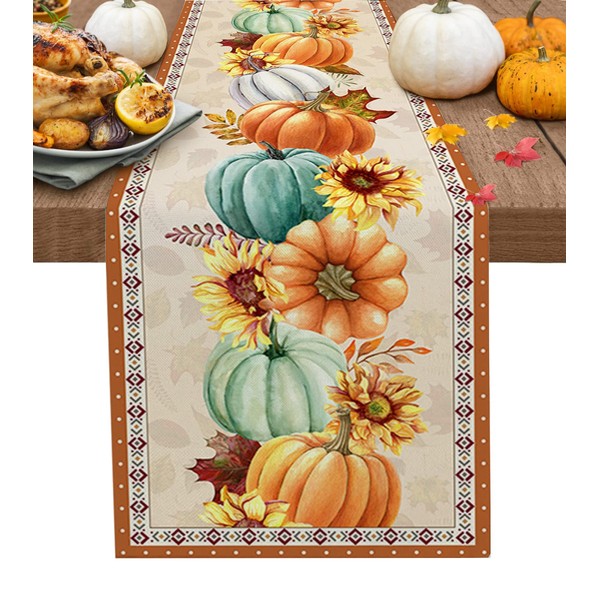 Thanksgiving Fall Pumpkin Table Runners Maple Leaf Orange Lattice 13x90