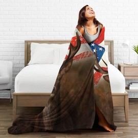 Deer Blanket American Flag Deer Soft Decorative Flannel Throw Blanket Lightweight Cozy Fuzzy Blanket for Couch, Bed and Chair-60''x50''