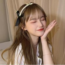 Pearl Headbands for Women Girls Sweet Satin Bow Headbands Non Slip Bridal Hair Hoop Cute Black Turban Headband Bling Beaded Head Bands Party Wedding Headwear Vintage Styling Tools Accessories