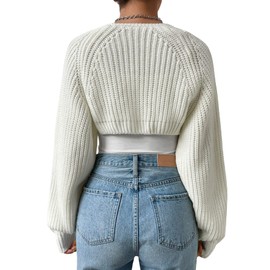GORGLITTER Women's Shrugs Knit Bolero Sweater Cropped Cardigan Long Sleeve Shoulder Sweater White Medium
