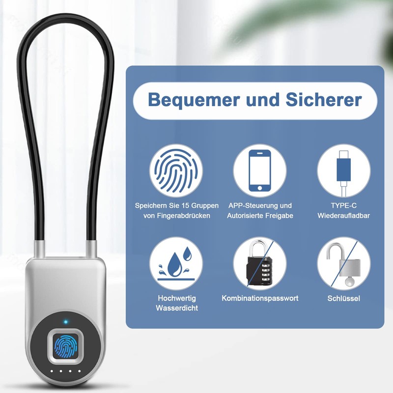 Anweller Fingerprint Cable Lock, Padlock with 38 cm Steel Cable,