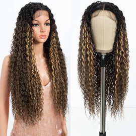 Style Icon Highlight Brown 30 Inches Long Deep Curly Wave Lace Front wigs for Women Curly Synthetic Lace Front Wig Wig Middle Part Lace Wig